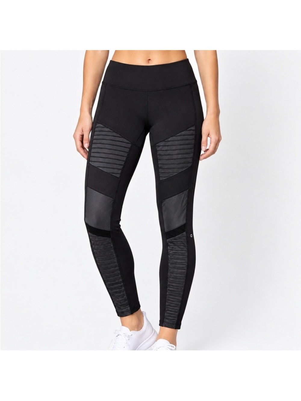 ALO Yoga Moto Leggings Black High Waist Quilted Mesh Panel XS